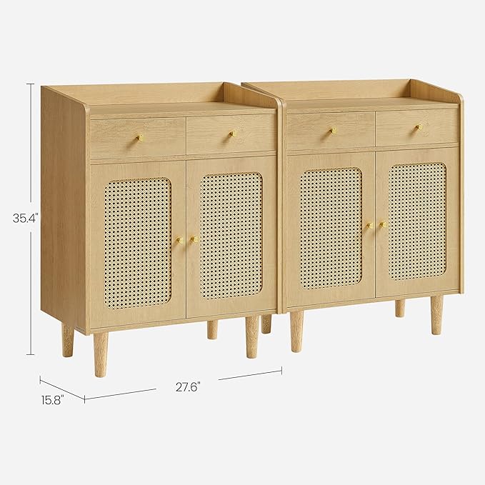 VASAGLE BOHOVEN Collection - Buffet Cabinets, Set of 2, Sideboard Storage Cabinets with Rattan-Like Doors and Drawers, Accent Cabinets, Adjustable Shelf, Boho Style, for Living Room, Oak Beige