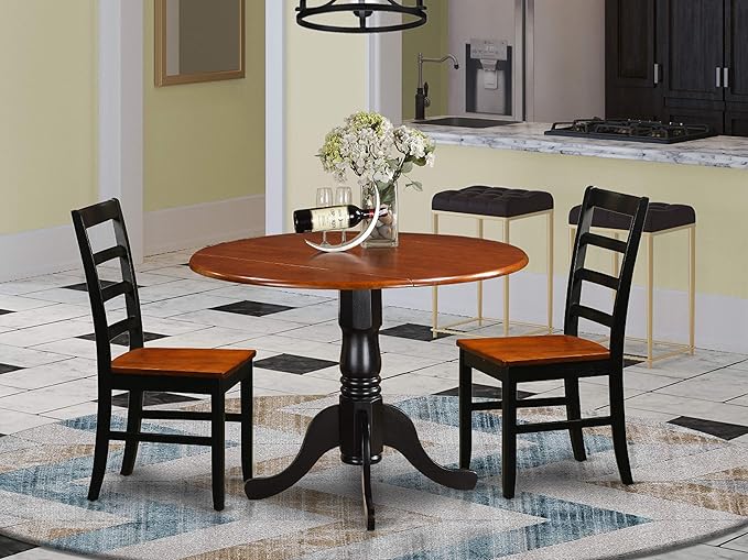 East West Furniture DLPF3-BCH-W 3 Piece Dinette Set for Small Spaces Contains a Round Dining Table with Dropleaf and 2 Dining Chairs, 42x42 Inch, Black & Cherry