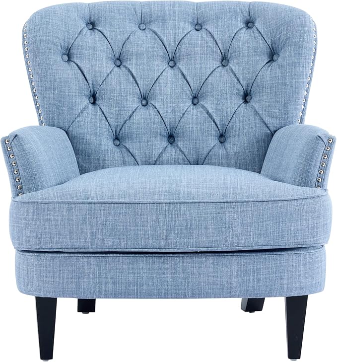 Ball & Cast Accent Chair,Mid-Century Lounge Living Room Chairs with Button Tufting,Upholstered Reading Accent Chair W/Solid Wood Legs and Curved Backrest,for Bedroom,Apartment,Light Blue
