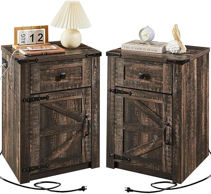 SOOWERY Nightstands Set of 2, Nightstand with Charging Station, Farmhouse End Table with Barn Door and Drawer, Rustic Wood Sofa Side Table for Bedroom, Living Room, Dark Rustic Oak