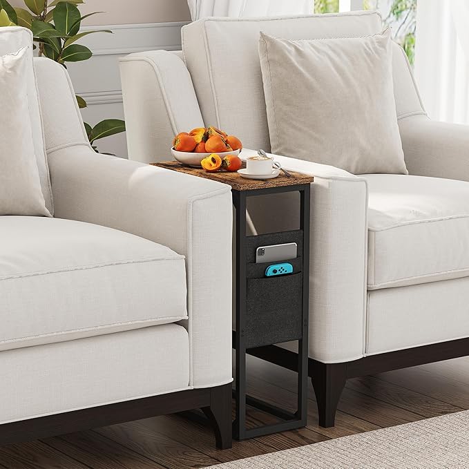 TUTOTAK C Shaped End Table, Side Table for Couch, Sofa Table with Storage Bag, TV Tray for Living Room, Bedroom, Brown TB01BB082