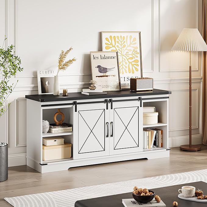 CABIHOME Farmhouse TV Stand and Entertainment Center for TV Up to 65 Inches with Sliding Barn Doors and Adjustable Shelf, TV Media Storage Console Table and Furniture for Living Room, Bedroom, White