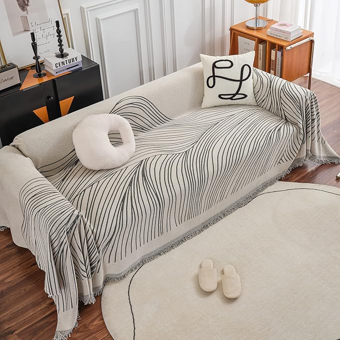 STACYPIK Stylish Striped Sofa Cover for Dogs, Non-Slip Boho Couch Cover for Sectional, Pet-Friendly Furniture Covers for 2 Cushion Couch, Abstract Jacquard Loveaseat Cover Sofa Throw Blanket-71x118IN