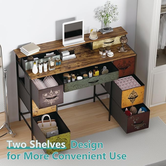 Dresser for Bedroom with 9 Drawers & 2 Open Shelves, Fabric Storage Cabinet, Chest of Drawers, Long Dresser for Closet, Wooden Top & Metal Frame, Pattern