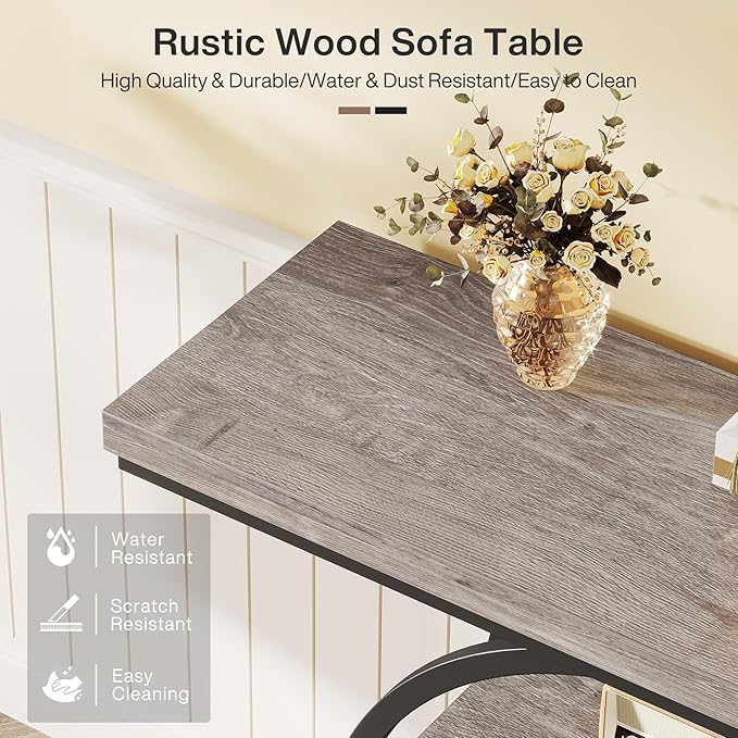 Tribesigns 41.3" Console Table, Industrial 4-Tier Sofa Table Entryway Table with Circle Base, Narrow Wood Accent Tables with Storage Shelves for Living Room, Hallway, Foyer, Gray