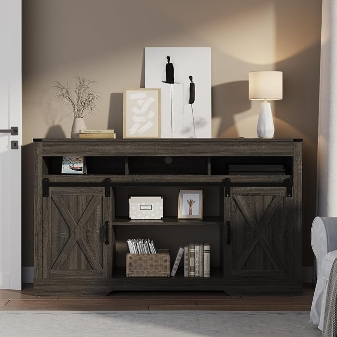 RoyalCraft Farmhouse TV Stand for 23" Fireplace, 34'' Tall Entertainment Center for 65+ Inch TV, 34" Tall Rustic TV Console with Sliding Bar Door for Living Room, Dark Grey