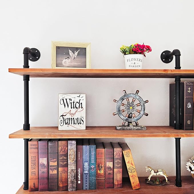 Industrial Ladder Shelf Bookcase, Wall Mounted Rustic Bookshelf, Retro Wood Metal Pipe Industrial Shelves for Living Room(Weathered Brown, 6 Tier - 10" D x 70" W x 82.5" H)