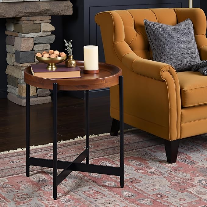 Alaterre Furniture Brookline 20" Round Wood End Table – Solid Top with Tray Edge and Black Metal Legs – Rustic Farmhouse Accent Table for Living Room, Bedroom, or Small Spaces (Medium Chestnut)