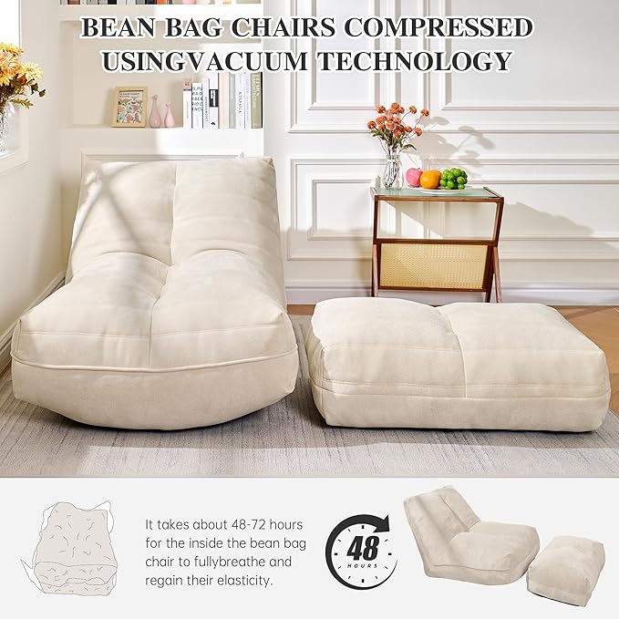 Bean Bag Chair with Ottoman, Comfy Bean Bag Sofa with Memory Foam, Lazy BeanBag Sofa with Footstool, Fireside Bean Bag Couch for Living Room, Bedroom, Apartment (Off White)