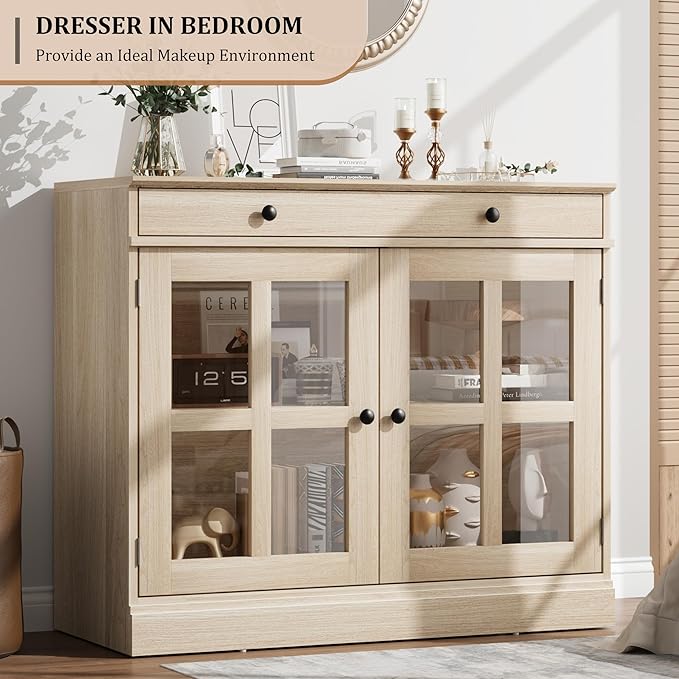 GarveeHome 35.4" Sideboard Buffet Cabinets with Glass Door, Buffet Cabinet with Storage, Oak Sideboard Cabinet with Drawer, Modern Buffets & Sideboards for Dining Room, Kitchen