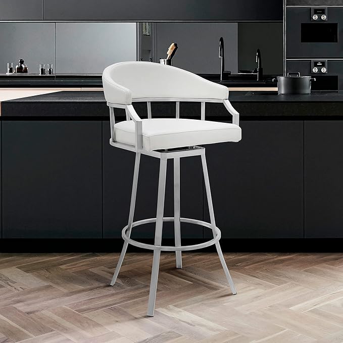 Armen Living Valerie Modern 26" Seat Height White Faux Leather and Brushed Stainless Steel Metal Swivel Bar Stool for Kitchen Island Counter