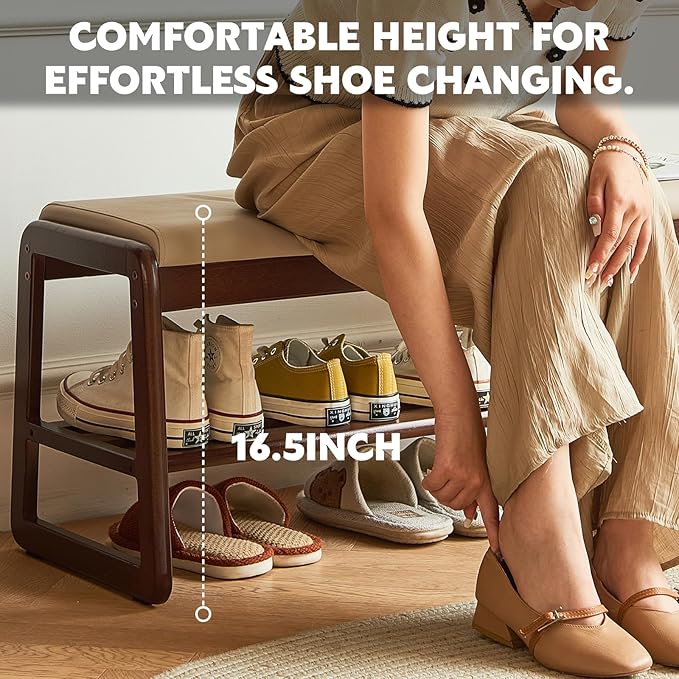 Solid Wood Shoe Bench, 2-Tier Wooden Storage Entryway Bench, Mid-Century Modern Shoe Bench Rack, End of Bed Bench with Faux Leather Cushion, Ottoman Bench for Hallway, Living Room (Cream Grey 31.5'')
