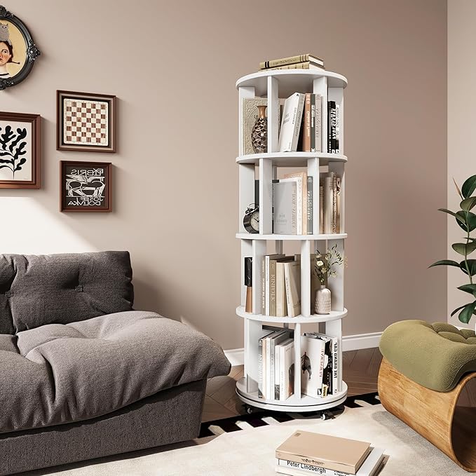 4-Tier Rotating Bookshelf, 360° Spinning Stackable Bookcase, Freestanding Bookshelf for Home Office Study Room Bedroom Living Room