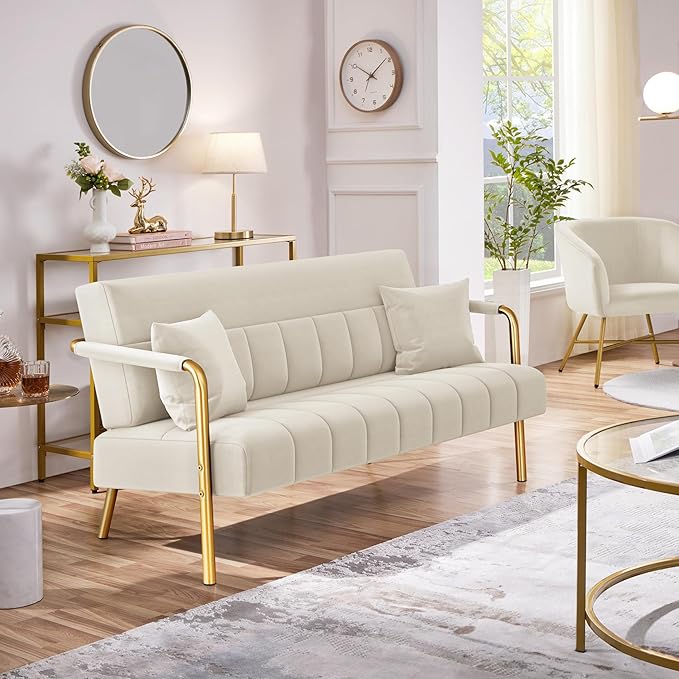 Yaheetech 56.5" W Modern Loveseat 2 Seater Sofa Luxurious Velvet Fabric Couch with Gold-Tone Metal Arms and Legs for Living Room, Home Office, Studio Beige