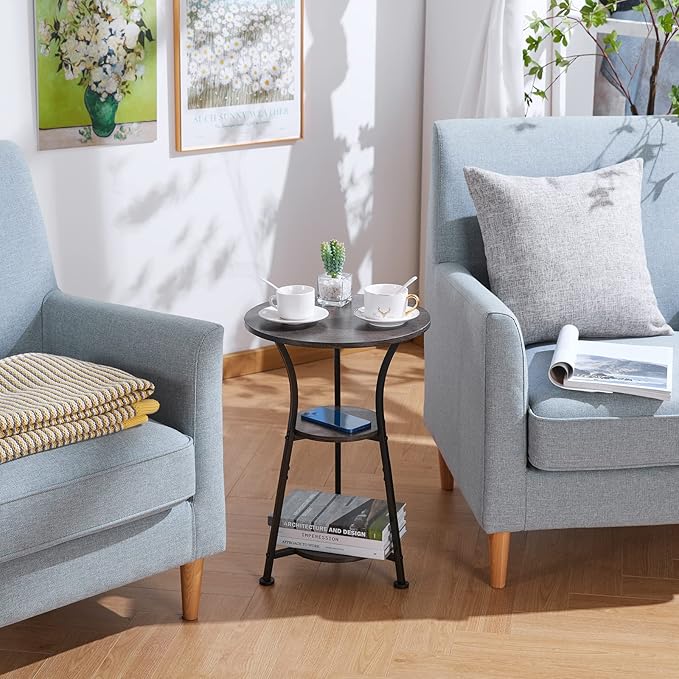 Dulcii Small Round End Table for Narrow and Small Space, 3-Tier Round Accent Couch Beside Table, Modern Side Table Corner Sofa Table Nightstand for Living Room Bedroom,Grey