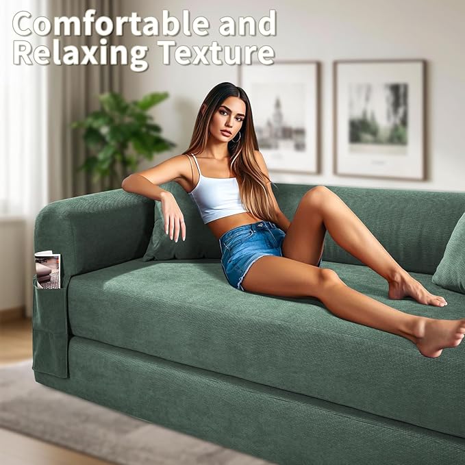80" Convertible Sofa Bed, Corduroy Deep Seat Folding Pull Out Couch with Pillows, No Assembly Modern Boneless Couch Compression Sofa in Box, Floor Sofa with Storage Pocket for Living Room,Light Green