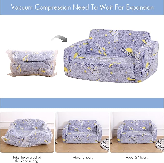 Foldable Kids Sofa,Soft Kids Fold Out Couch Glow in The Dark,Convertible Sofa to Lounger Toddler Sofa Chair(Space