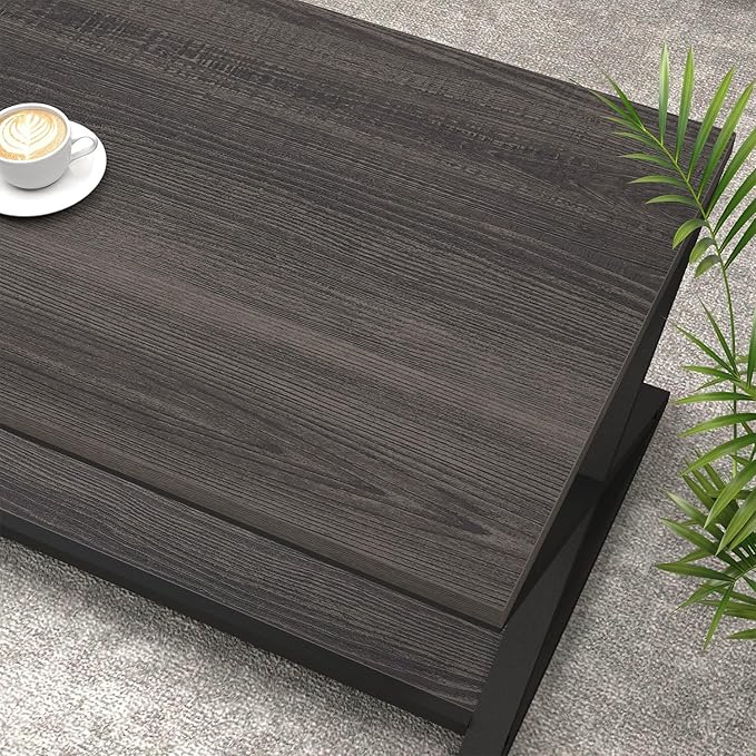 HSH Gray Storage Coffee Table, Modern Center Table for Living Room with Display Shelf, Simple Metal Wooden Rectangle Cocktail Tea Table, Minimalist Home Office Bedroom 2 Tier Coffee Table, 39 Inch