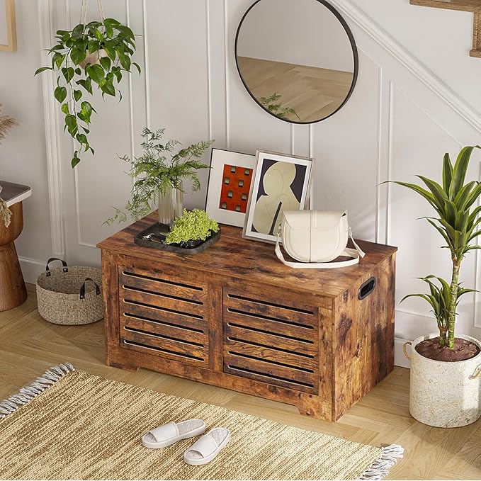DINZI LVJ Storage Chest, 39.4”Wooden Toy Box with 2 Safety Hinges, Retro Entryway Shoe Storage Bench with Flip-Top, Sturdy Large Storage Trunk for Living Room, Bedroom, Easy Assembly, Rustic Brown