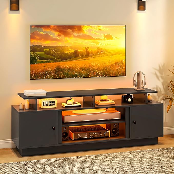 YITAHOME Modern TV Stand with LED Lights for up to 80 Inch TVs, Entertainment Center with Storage Cabinets & Movable Partition for Living Room (Black)