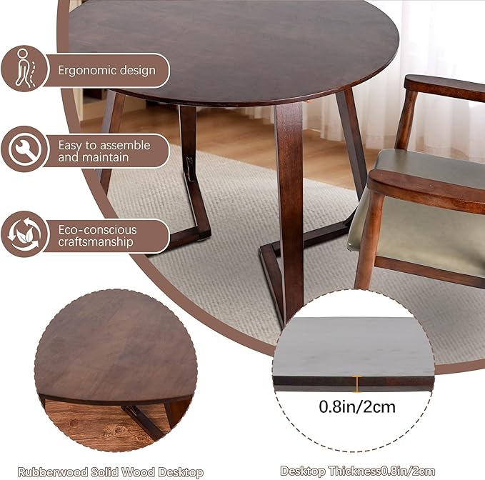 Round Rubber Solid Wood Dining Table - Mid Century Modern Style with V-Shaped Wooden Frame Base, Multi-Functional as Meeting/Coffee/Leisure Table,Space Saving Design,35”