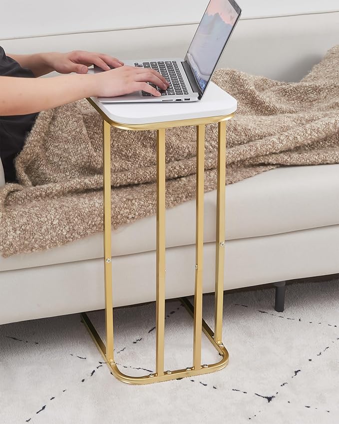 C Shaped End Table, 27 inches High Side Table for Couch Sofa Bed, Small Tv Tray, for Living Room, Bedroom, Metal Frame, Gold & White