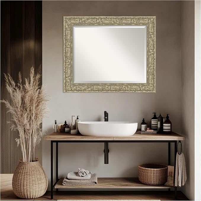 Amanti Art Silver Bathroom Mirror for Over Sink, 29x35 Luxe Antique Silver Rectangle Vanity Mirror, Large Traditional Frame, Hangs Horizonally and Vertically, Bathroom Wall Decor, Beveled Edge