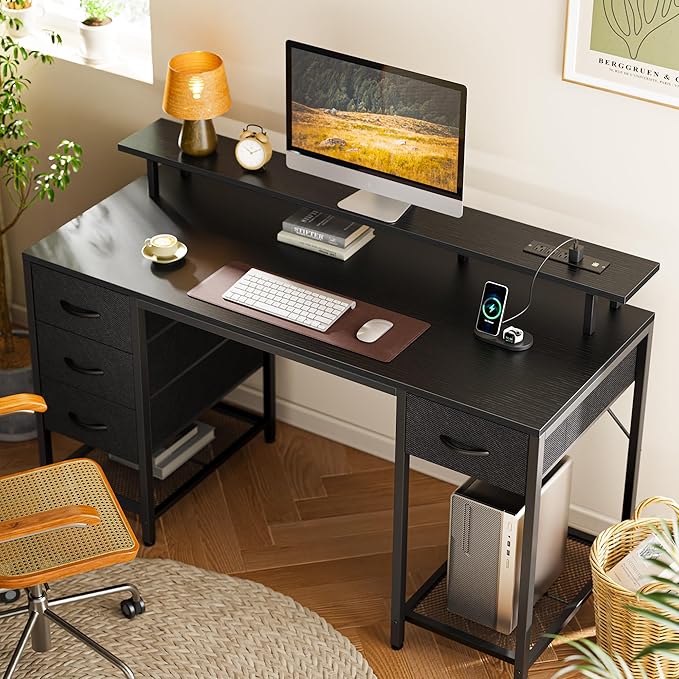 Huuger 55 inch Computer Desk with 4 Drawers, Gaming Desk with LED Lights & Power Outlets, Home Office Desk with Large Storage Space for Bedroom, Work from Home, Black