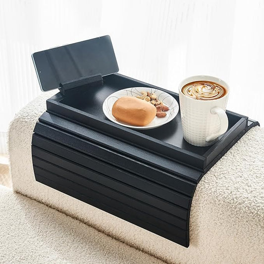 Bamboo Sofa Arm Tray, Anti Falling Couch Arm Tray Armrest Table with 360° Rotating Phone Holder, Foldable and Portable Sofa Armrest Trays Cup Holder for Drink,Cups, Phone, Snacks, Remote