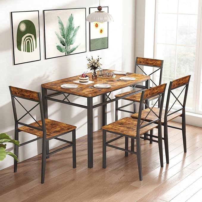 5-Piece Dining Table Set, Dining Table Set for 4, Small Kitchen Table Set for 4, Wood Dining Room Table, with 4 Curved Backrest Chairs, Compact Dining Set for Small Spaces & Kitchen-Brown