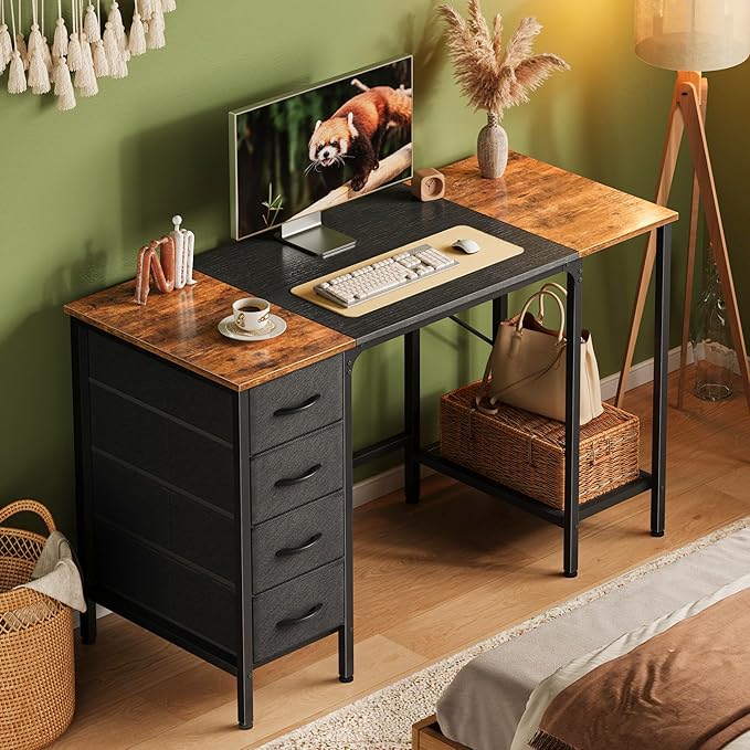 Huuger 47 Inch Computer Desk with 4 Drawers, Office Desk with Mesh Shelf, Gaming Desk, Large Storage, Writing Work Desk for Home Office, Study, Bedroom, Work from Home, Rustic Brown and Black
