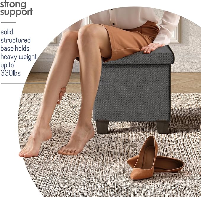 STORAGEBUD Storage Ottoman Cube with Small Bin, 16-in Square Ottoman with Storage for Living Room and Bedroom, Small Ottomans Foot Rest, Fabric Foot Stools Ottomans Max 330lbs, Grey