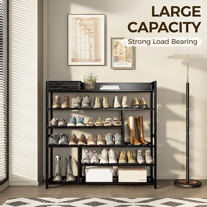 Bamworld Shoe Rack for Front Door Entrance Bamboo Shoe Organizer with Storage Box Free Standing Shoe Cabinet Shoe Storage Shelf for Entryway, Closet and Doorway (Black)