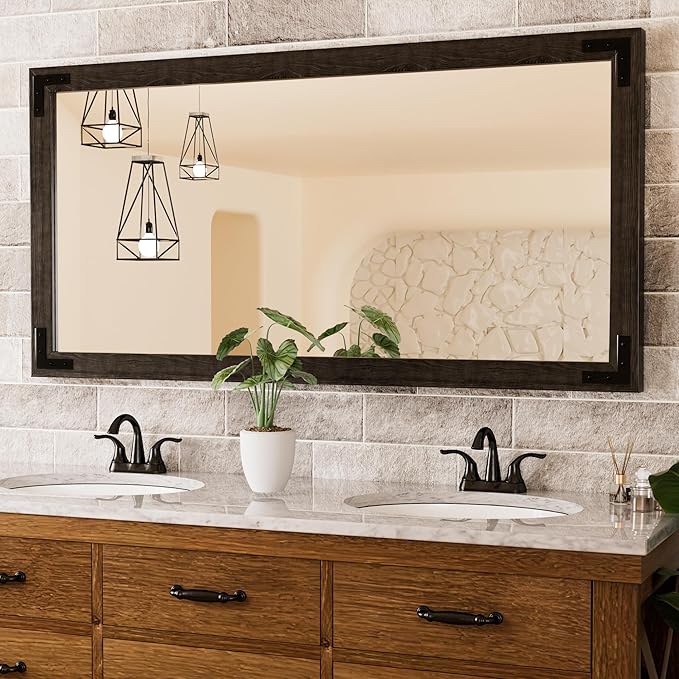TETOTE 48 x 24 Black Wood Framed Mirror for Bathroom Wall/Bedroom/Living Room/Entryway Farmhouse Rustic Bathroom Vanity Mirror Waterproof (Horizontal/Vertical Mounted)