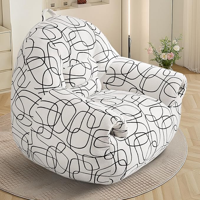 DAICO Bean Bag Chairs for Adults Bean Bag Sofa with Armrests Comfy Accent Chair White Single Lazy Floor Sofas with Foam for Living Room Reading Bedroom Gaming Office (Stripe Pattern)