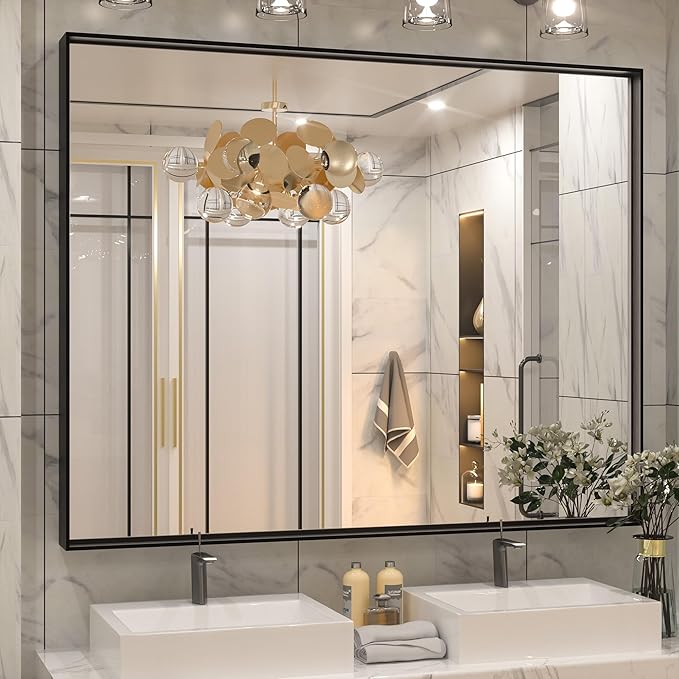Keonjinn Black Bathroom Mirror 48” x 40” Wall Mirror for Bathroom Vanity Large Metal Frame Rectangle Mirror for Over Sink Rectangular Farmhouse Square Corner Framed Mirror(Horizontal/Vertical)