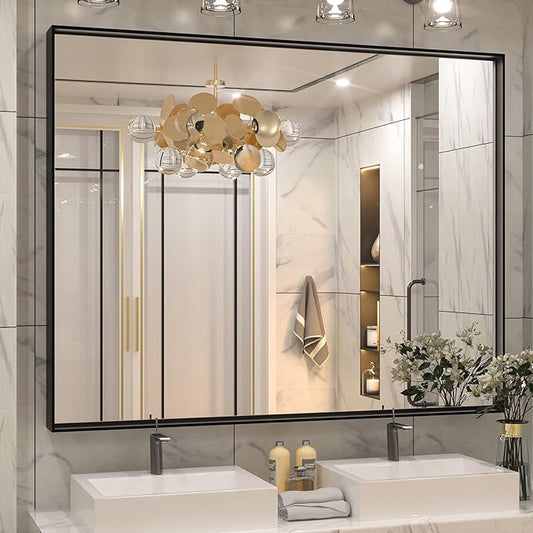 Keonjinn Black Bathroom Mirror 48” x 40” Wall Mirror for Bathroom Vanity Large Metal Frame Rectangle Mirror for Over Sink Rectangular Farmhouse Square Corner Framed Mirror(Horizontal/Vertical)