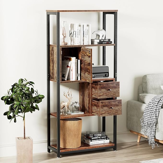 VECELO 5-Tier Bookshelf,Bookcase with 2 Storage Drawers and 1 Cabinet, Wood Shelves with Metal Frame,Open Book Shelves Standing Shelf Unit for Living Room, Bedroom,Office,Kichen