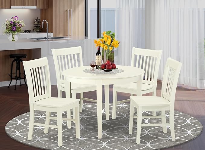 East West Furniture BONO5-LWH-W 5 Piece Dining Set Includes a Round Dinner Table and 4 Kitchen Dining Chairs, 42x42 Inch, Linen White