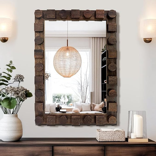28x20 Inch Handcrafted Solid Wood Square Wall Mirror with Geometric Wood Inlay Design, Rustic Natural Texture for Bathroom, Bedroom, Living Room Decor