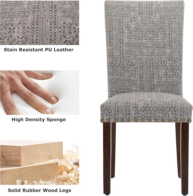 COLAMY Upholstered Parsons Dining Chairs Set of 2, Fabric Dining Room Kitchen Side Chair with Nailhead Trim and Wood Legs - Boho