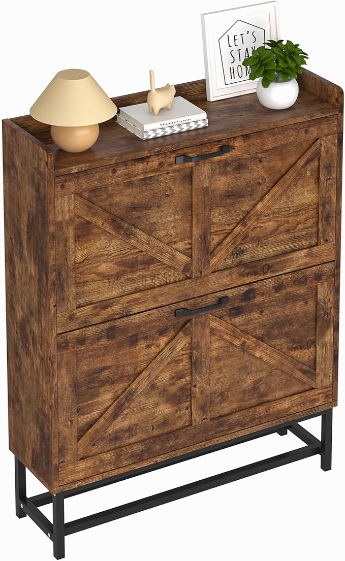 JSB Shoe Cabinet with 2 Flip Drawers, Freestanding Storage Organizer Shelf with Metal Legs, Narrow Shoe Rack Cabinet for Entryway (Rustic Brown, 2-Drawers)