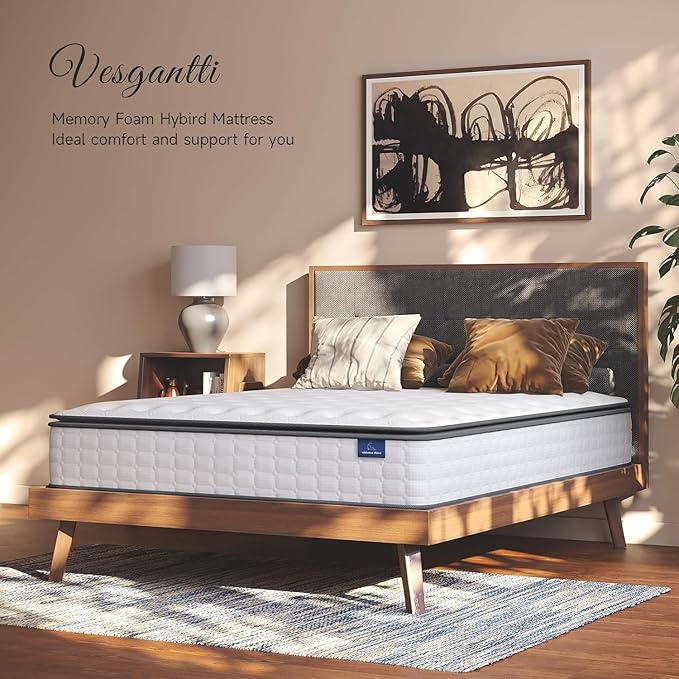 Vesgantti Queen Mattresses 12 Inch Hybrid Queen Size Mattress in a Box, Pillow Top Mattress Gel Memory Foam and Pocket Coils Innerspring Mattresses, Pressure Relief, Medium Firm Plush Feel