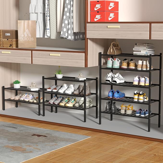5 Tier Bamboo Shoe Rack for Closet Free Standing Wood Shoe Shelf for Entryway Small Space Stackable 27"x11"x33" (Black)
