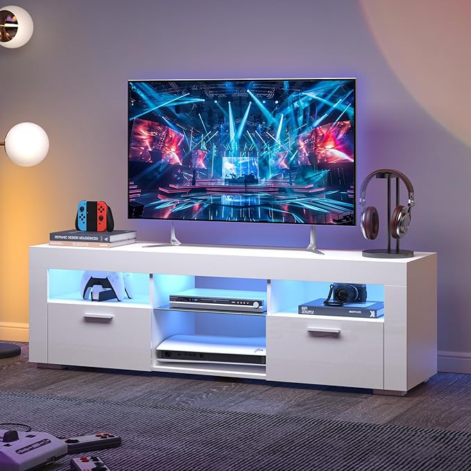 White TV Stand for 50/55 Inch, Entertainment Center With LED Lights, Modern Stand for Bedroom, Console With Storage and Shelves for Living Room