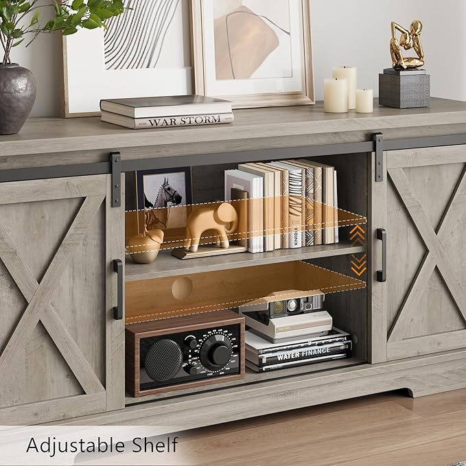 CABIHOME Farmhouse Tv Stand for 65 Inches TVs, Entertainment Center with Storage and Sliding Barn Doors, Adjustable Shelf Modern Media TV Console TV Stand Table for Living Room, Bedroom, Grey