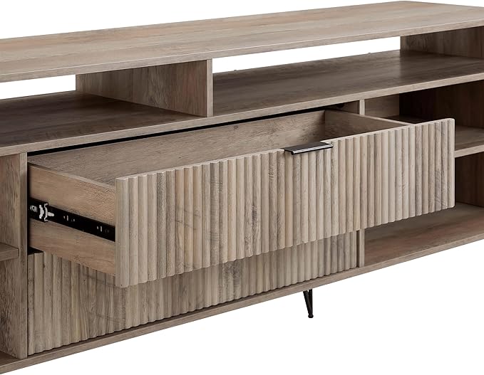 Manhattan Comfort Dumbo Mid Century Modern TV Stand for Televisions up to 80 Inches, Home Entertainment Center with Storage, 6 Shelves, 2 Drawers, No Tool Assembly, 85" Wide, Golden Brown