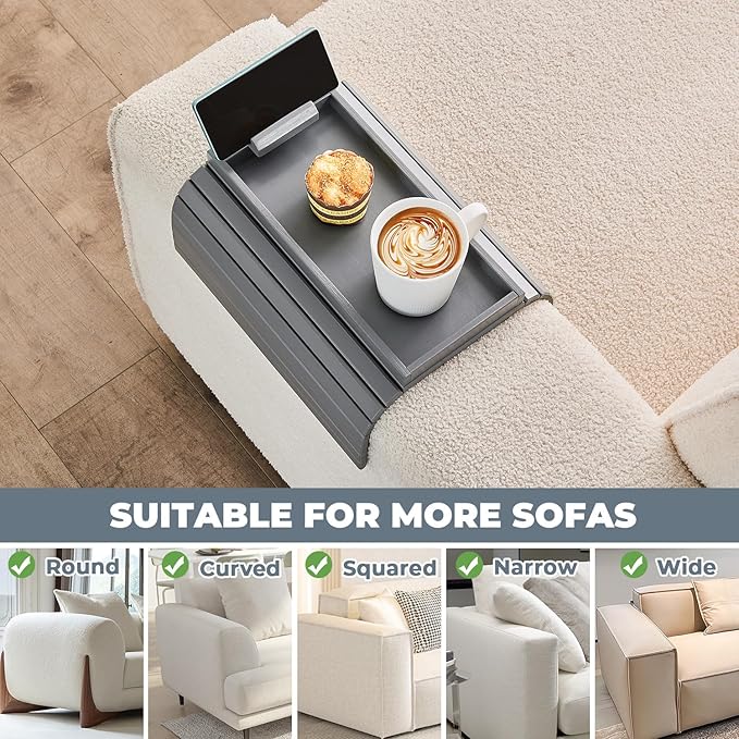 Bamboo Sofa Arm Tray, Anti Falling Couch Arm Tray Armrest Table with 360° Rotating Phone Holder, Foldable and Portable Sofa Armrest Trays Cup Holder for Drink,Cups, Phone, Snacks, Remote
