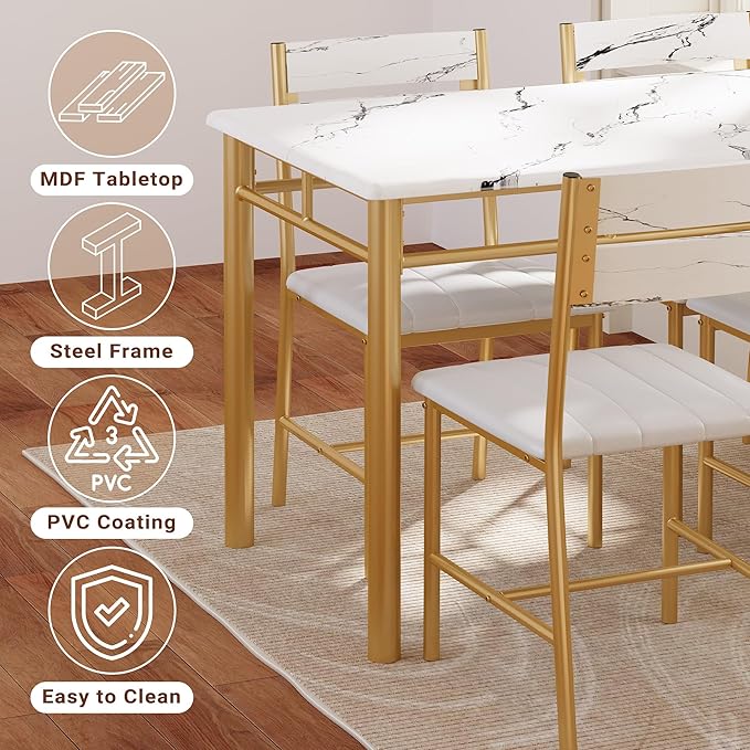 IRONCK Dining Table Set for 4, Wood Kitchen Table with Upholstered Chairs for Kitchen & Dining Room, Compact Dining Set for Small Spaces, White & Gold