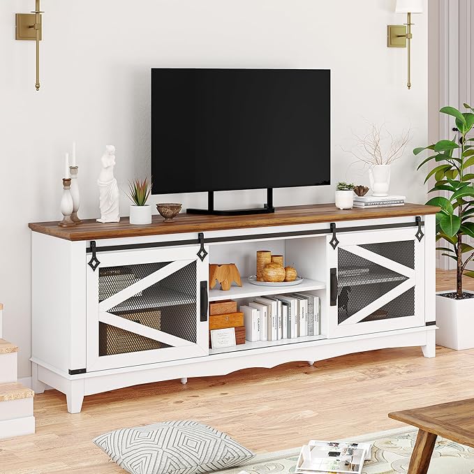 IDEALHOUSE Modern TV Stands for Living Room, 65 Inch TV Stand Entertainment Center with Storage and Sliding Barn Doors, Media TV Console Cabinet with Adjustable Shelf (White)